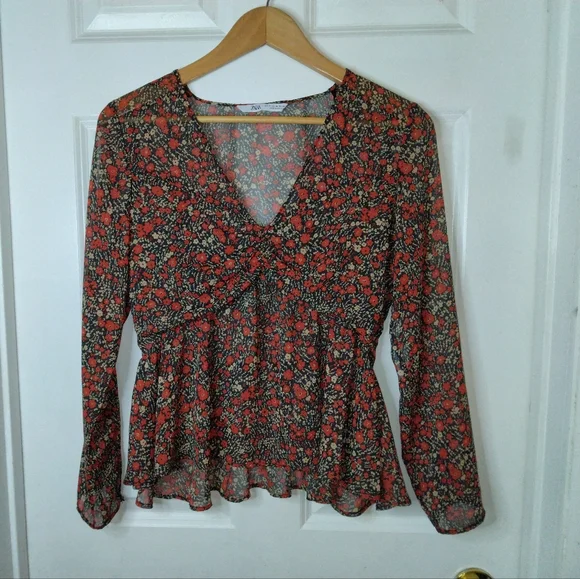 Zara Floral Sheer Longsleeve Top Size M - Picture 2 of 10